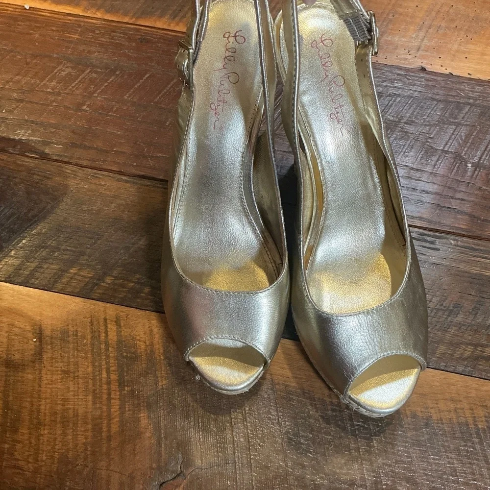 Lilly Pulitzer Kristen Gold Metallic Leather Wedge Espadrilles | Women’s Size 10